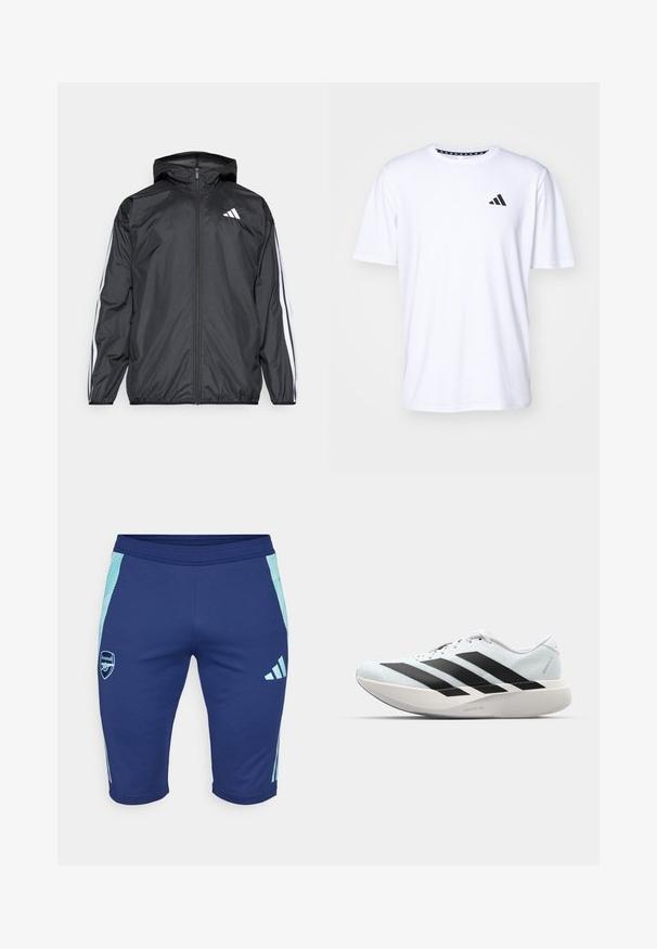 Chaqueta cortavientos negra con capucha, hecha de un material suave y ligero. Presenta rayas blancas a lo largo de las mangas y un logo en el pecho.; Camiseta blanca de manga corta fabricada con una tela de textura suave. Presenta un logo negro de adidas en el lado izquierdo del pecho y un cuello con un patrón.; adidas Performance ARSENAL LONDON 1/2 PANT - Pantalón corto de deporte - night sky; Zapatillas de running ligeras en azul pálido con rayas negras. Presentan una parte superior suave, puntera redonda y una gruesa mediasuela blanca etiquetada como "LIGHTSTRIKE PRO".