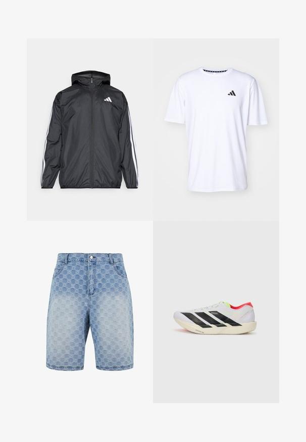 Čierna vetrovka s kapucňou, vyrobená z hladkého, ľahkého materiálu. Má biele pruhy pozdĺž rukávov a logo na hrudi.; Biela krátkoprstá tričko vyrobené z látky s hladkou textúrou. Má čierne logo adidas na ľavej hrudi a vzorovaný golier.; Svetlo modré denimové šortky s textúrovaným vzorom prekrývajúcich sa kruhov. Obsahujú päť vreciek a klasické zapínanie na gombík a zips.; Biele behacie topánky s čiernymi pruhmi, neonovo zelenými akcentmi a červeným podpätkom. Majú ľahkú konštrukciu a textúrovanú podrážku pre lepšiu trakciu.