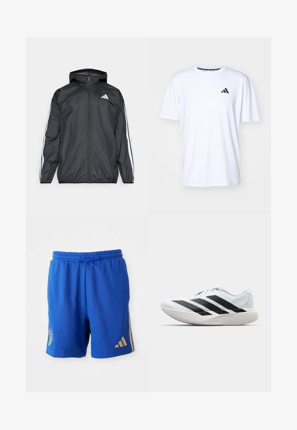Casaco corta-vento preto com capuz, feito de material liso e leve. Apresenta riscas brancas ao longo das mangas e um logótipo no peito.; T-shirt branco de mangas curtas feito de um tecido com uma textura suave. Apresenta um logótipo preto da adidas no lado esquerdo do peito e uma gola estampada.; Calções de desporto azuis feitos de tecido suave, com um cós elástico com cordão, o emblema de Itália e riscas douradas da Adidas de cada lado.; Tênis de corrida leves em azul pálido com riscas pretas. Apresentam um cabedal liso, bico redondo e uma entressola espessa branca rotulada como "LIGHTSTRIKE PRO."
