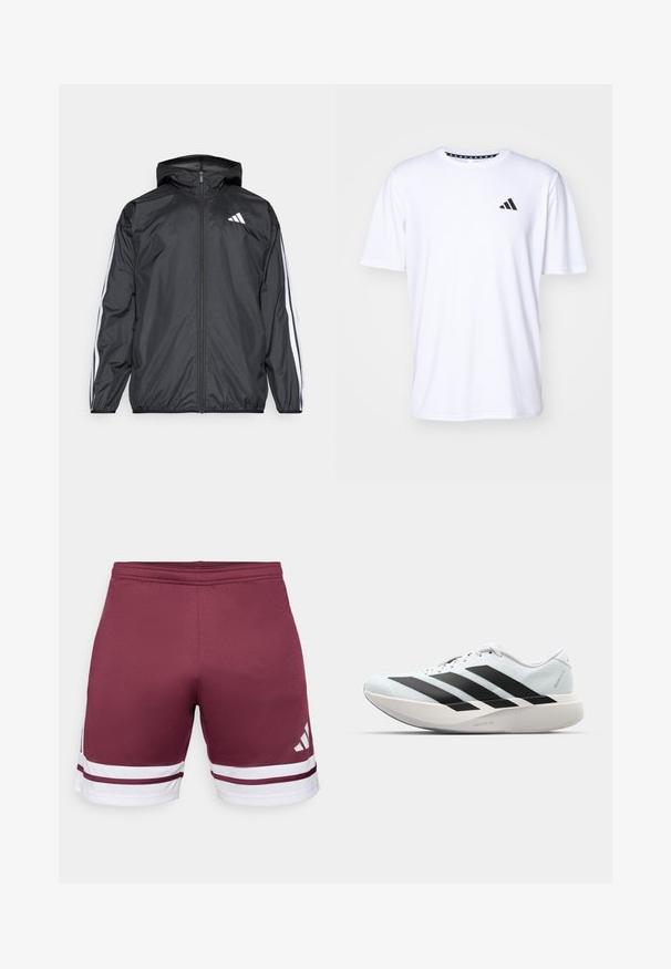 Black windbreaker jacket with a hood, made of smooth, lightweight material. Features white stripes along sleeves and a logo on the chest.; White short-sleeve t-shirt made of fabric with a smooth texture. Features a black adidas logo on the left chest and a patterned collar.; Maroon athletic shorts with white stripes. Smooth texture, elastic waistband, features a logo detail on the lower side.; Lightweight running shoes in pale blue with black stripes. Features a smooth upper, round toe, and thick white midsole labeled "LIGHTSTRIKE PRO."