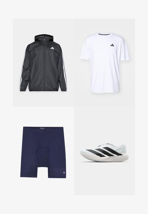 Črna vetrovka s kapuco, izdelana iz gladkega, lahkega materiala. Ima bele črte ob rokavih in logo na prsih.; Bela kratka majica s kratkimi rokavi iz tkanine z gladko teksturo. Ima črn adidas logotip na levi strani prsnega koša in vzorčeno ovratnico.; Vojačke modre športne hlače iz gladkega, lahkega materiala. Imajo oblikovan žep in majhno logo na spodnjem delu noge.; Lahki tekaški čevlji v svetlo modri barvi z belimi črtami. Imajo gladek zgornji del, okroglo kapico in debel bel srednji podplat z označbo "LIGHTSTRIKE PRO."