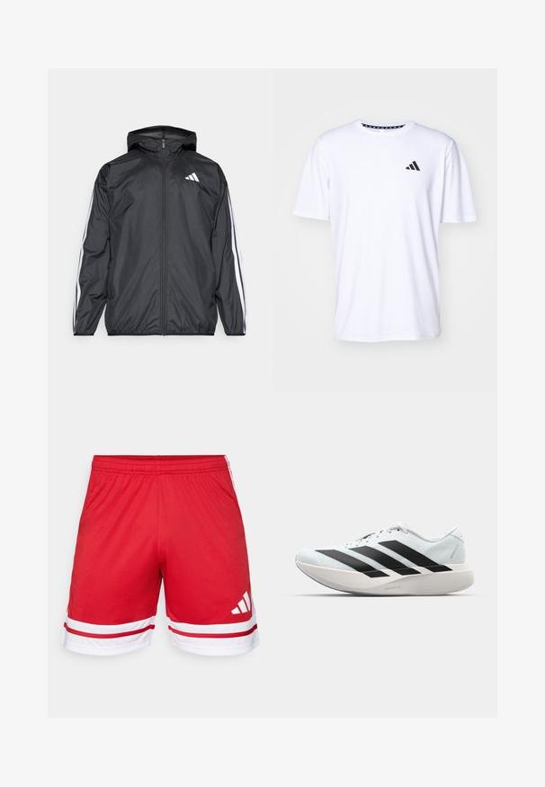 Černá větrovka s kapucí, vyrobená z hladkého, lehkého materiálu. Má bílé pruhy podél rukávů a logo na hrudi.; Bílý tričko s krátkým rukávem vyrobené z látky s hladkou texturou. Na levé hrudi se nachází černé logo adidas a vzorovaný límeček.; Červené sportovní šortky vyrobené z hladkého materiálu, se bílým akcentním pruhem na lemu a třemi bílými pruhy po stranách.; Lehké běžecké boty v světle modré barvě s černými pruhy. Mají hladký svršek, kulatou špičku a silnou bílou mezipodešev označenou "LIGHTSTRIKE PRO."