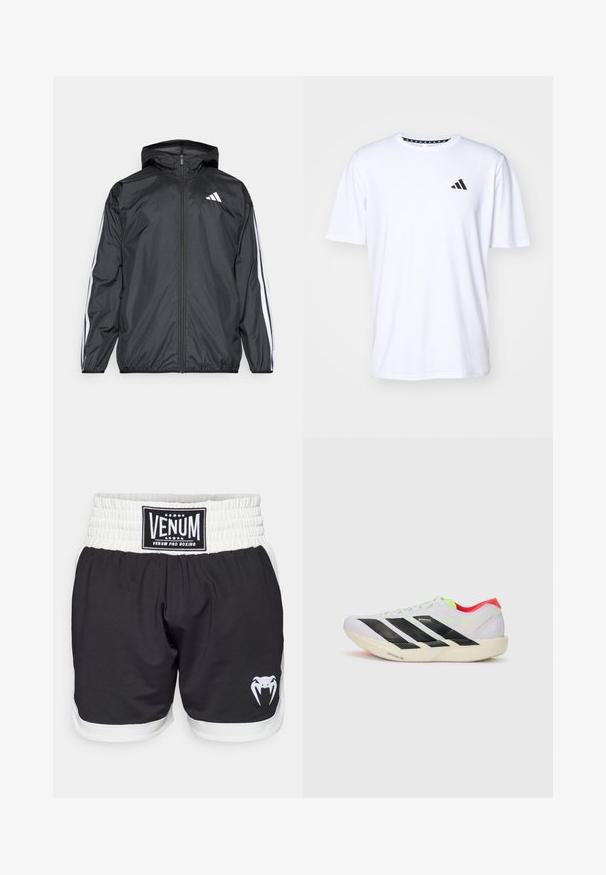 Fekete szélálló dzseki kapucnival, sima, könnyű anyagból. Fehér csíkokkal díszített az ujjak mentén és logóval a mellkason.; Fehér, rövid ujjú póló sima tapintású anyagból. Az elülső részen fekete adidas logó található a bal mellrészen, valamint mintás gallér jellemzi.; Fekete boxernadrág fehér derékkal, VENUM logóval és fehér kígyó grafikával. Könnyű, tartós anyagból készült.; Fehér futócipő fekete csíkokkal, neon zöld részletekkel és piros sarokkal. Könnyű dizájnnal és texturált talppal rendelkezik a tapadás érdekében.