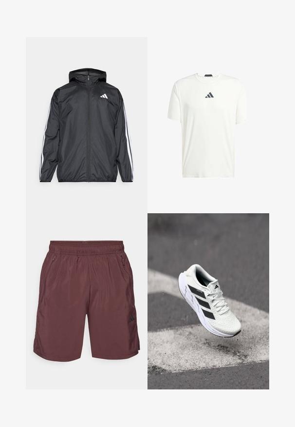 Black windbreaker jacket with a hood, made of smooth, lightweight material. Features white stripes along sleeves and a logo on the chest.; White short-sleeve t-shirt made of lightweight fabric with a crew neck and a dark gray logo on the chest. Smooth texture, casual fit.; adidas Performance TR-ES WV SHO - Sports shorts - shadow brown/black; White athletic shoe with textured mesh upper, black stripes, lace closure, and a cushioned sole, levitating above a marked road surface.