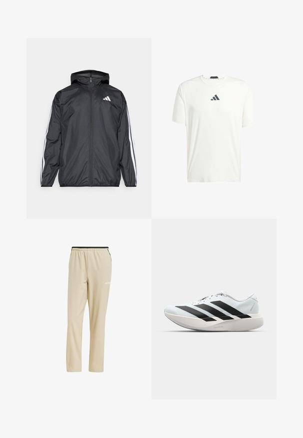 Crna jakna s kapuljačom, izrađena od glatkog, laganog materijala. Sadrži bijele pruge duž rukava i logo na prsima.; Bijela kratka majica s kratkim rukavima izrađena od laganog materijala, s okruglim izrezom i tamnosivim logotipom na prsima. Glatka tekstura, ležeran kroj.; Bež sportske hlače napravljene od mekanog, prozračnog materijala, s elastičnim pojasom i bočnim džepovima s crnim detaljima.; Lagane tenisice za trčanje u svijetloplavoj boji s crnim trakama. Imaju glatku gornju površinu, okrugli vrh i debeli bijeli srednji sloj označen "LIGHTSTRIKE PRO."