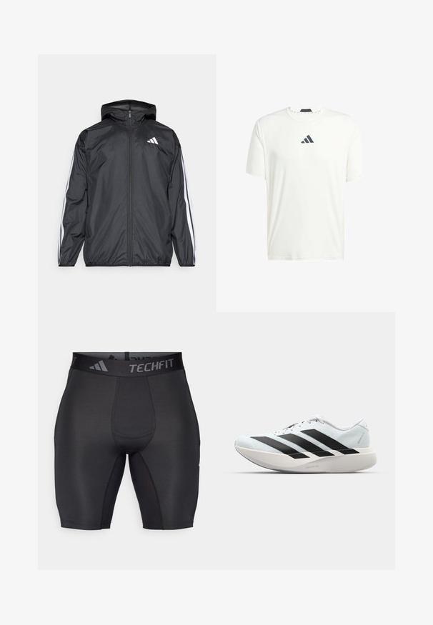 Juodas vėjaračius striukė su gobtuvu, pagaminta iš glotnaus, lengvo medžiagos. Turtingi balti dryžiai palei rankoves ir logotipas ant krūtinės.; Baltas trumpas rankovėmis marškinėliai, pagaminti iš lengvos medžiagos, su apvalia iškirpte ir tamsiai pilku logotipu ant krūtinės. Lygus paviršius, laisvalaikio stiliaus pritaikymas.; Juodos sportinės šortai, pagaminti iš lygaus, elastingo audinio. Savybės: platus, ženklintas juosmuo ir plokšti siūlai, užtikrinantys komfortą ir ilgaamžiškumą.; Lengvi bėgimo batai šviesiai mėlynos spalvos su juodomis juostelėmis. Yra lygus viršus, apvalus pirštas ir storas baltas vidpadis su užrašu "LIGHTSTRIKE PRO."