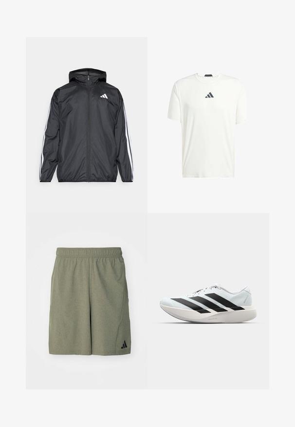 Zwarte windbreaker met capuchon, gemaakt van glad, lichtgewicht materiaal. Heeft witte strepen langs de mouwen en een logo op de borst.; Witte t-shirt met korte mouwen, gemaakt van lichtgewicht stof, met een ronde hals en een donkergrijs logo op de borst. Glad textuur, casual pasvorm.; Olijfgroene sportshorts gemaakt van gestructureerde stof, met een elastische tailleband en een zwart logo aan de linkeronderzijde.; Lichte hardloopschoenen in lichtblauw met zwarte strepen. Beschikt over een soepele bovenkant, ronde neusstuk en dikke witte tussenzool met het label "LIGHTSTRIKE PRO."