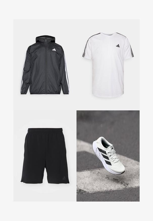 Fekete szélálló dzseki kapucnival, sima, könnyű anyagból. Fehér csíkokkal díszített az ujjak mentén és logóval a mellkason.; Fehér pamut póló, kerek nyakkivágással, rövid ujjakkal, fekete három csíkos díszítéssel a vállakon; egy kis fekete logóval rendelkezik.; Fekete sportos rövidnadrág, könnyű anyagból készült, elasztikus derékbőséggel. Oldalsó szellőzőnyílásokkal és diszkrét logóval a bal lábon.; Fehér sportcipő texturált hálós felsőrésszel, fekete csíkokkal, fűzős záródással és párnázott talppal, egy megjelölt útfelület felett lebeg.