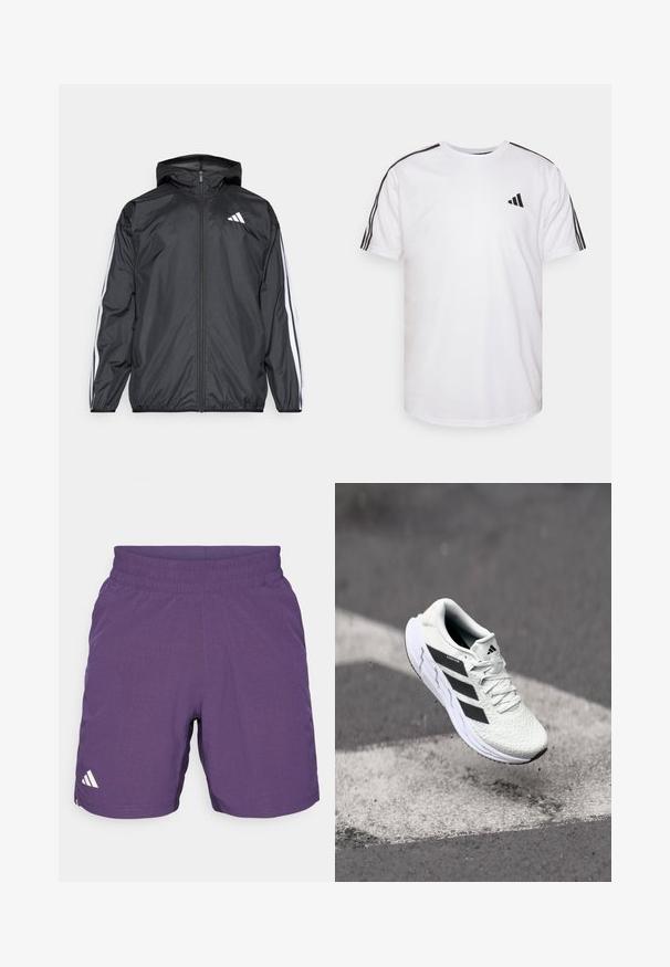 Melnā vēja izolācija jaka ar kapuci, izgatavota no gluda, viegla materiāla. Iekļautas baltas svītras gar piedurknēm un logo uz krūšu.; Baltas kokvilnas T-krekls ar apaļu izgriezumu, īsām piedurknēm un melniem trim svītrām uz pleciem; rotāts ar mazu melnu logo.; Violet sporta šorti, kas izgatavoti no elpojoša auduma, ar elastīgu jostasvītru un baltu logo akcentu kreisajā pusē.; Baltas sporta apavs ar teksturētu sietu augšu, melnām svītrām, auklu aizdari un mīkstu zoli, kas levitē virs marķētas ceļa virsmas.
