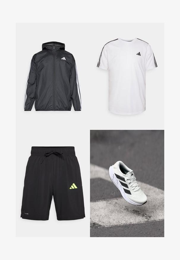 Veste coupe-vent noire avec capuche, en matériau lisse et léger. Présente des rayures blanches le long des manches et un logo sur la poitrine.; T-shirt blanc en coton avec un col rond, des manches courtes et des accents noirs à trois rayures sur les épaules ; présente un petit logo noir.; Shorts de sport noirs en tissu léger, dotés d'une taille avec cordon de serrage et d'un logo Adidas jaune fluo en bas à droite.; Baskets de sport blanches avec un dessus en mesh texturé, des rayures noires, un laçage et une semelle rembourrée, lévitant au-dessus d'une surface de route marquée.