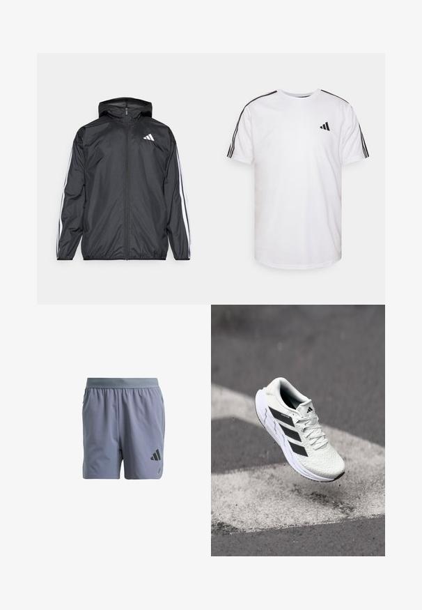 Zwarte windbreaker met capuchon, gemaakt van glad, lichtgewicht materiaal. Heeft witte strepen langs de mouwen en een logo op de borst.; Witte T-shirt van katoen met ronde hals, korte mouwen en zwarte drie-strepen accenten op de schouders; bevat een klein zwart logo.; Grijze sportshorts met een elastische tailleband, gestructureerde stof, zijzakken en een zwart logo op het onderste deel van het linkerpijpje.; Witte sportschoen met een textuur van mesh, zwarte strepen, vetersluiting en een gevoerde zool, zwevend boven een gemarkeerd wegoppervlak.