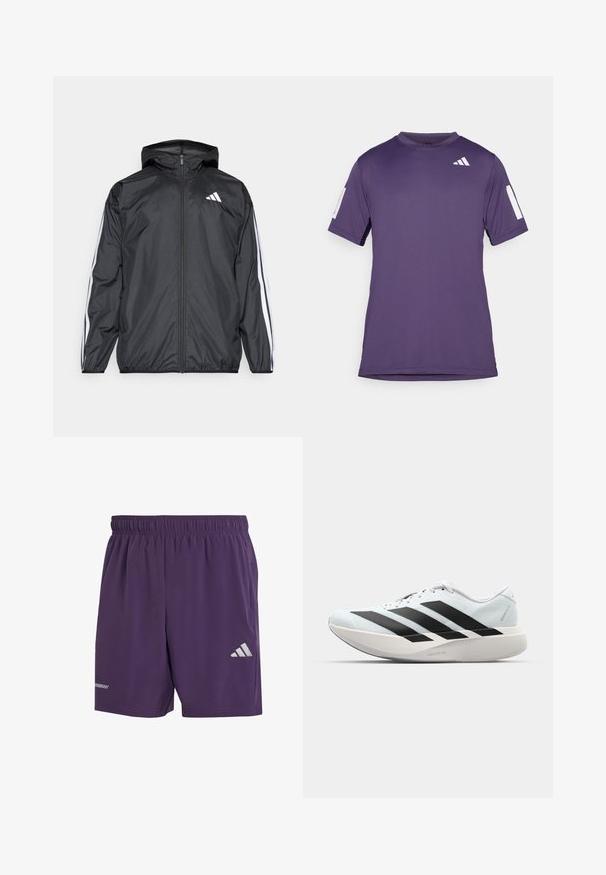 Juodas vėjaračius striukė su gobtuvu, pagaminta iš glotnaus, lengvo medžiagos. Turtingi balti dryžiai palei rankoves ir logotipas ant krūtinės.; Violet sportinė trumpomis rankovėmis marškinėliai, pagaminti iš lygaus audinio, su baltais akcentais ant rankovių ir krūtinės, apvaliu iškirpimu ir laisvu siluetu.; Violet sportiniai šortai su elastinga juostele, turintys sidabrinį Adidas logotipą ir lygų, kvėpuojantį audinį. Kišenių nematyti.; Lengvi bėgimo batai šviesiai mėlynos spalvos su juodomis juostelėmis. Yra lygus viršus, apvalus pirštas ir storas baltas vidpadis su užrašu "LIGHTSTRIKE PRO."