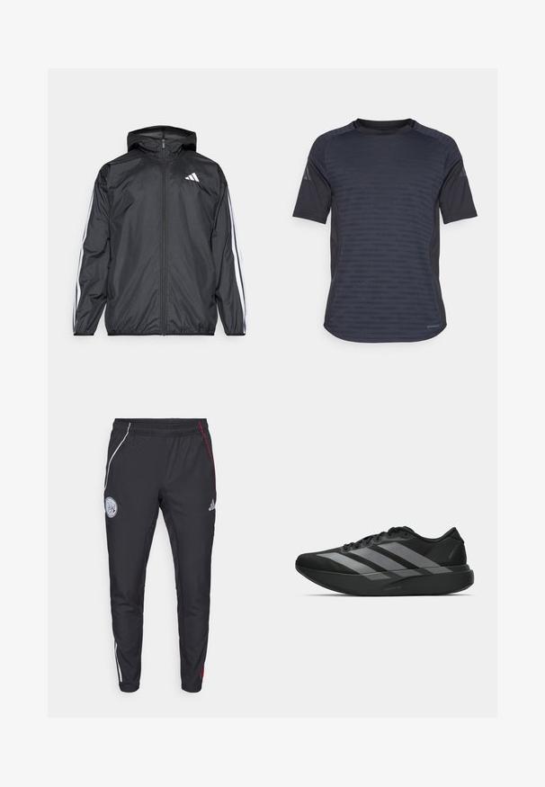 Juodas vėjaračius striukė su gobtuvu, pagaminta iš glotnaus, lengvo medžiagos. Turtingi balti dryžiai palei rankoves ir logotipas ant krūtinės.; Tamsiai pilkos spalvos trumpomis rankovėmis sportinis marškinėliai su tekstūruotu raštu, drėgmę praleidžiančia medžiaga ir apvalios apykaklės dizainu.; Juodos sportinės kelnės su siaurėjančiu siluetu. Turtingas baltos ir raudonos spalvos šoninių juostų dizainas, elastinė juosmens juosta ir siuvinėtas logotipas viršutinėje šlaunyje.; Juodos sportinės avalynės, lengvos konstrukcijos, su trimis aiškiomis pilkomis juostomis, lygiu paviršiumi ir kontūrine padu.