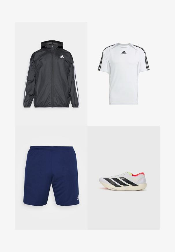 Juodas vėjaračius striukė su gobtuvu, pagaminta iš glotnaus, lengvo medžiagos. Turtingi balti dryžiai palei rankoves ir logotipas ant krūtinės.; Balta trumpa rankovėmis sportinė marškinė su juodais „Adidas“ trimis juostelėmis ant pečių, pagaminta iš lygaus, lengvo audinio.; Jūrų laivyno sportiniai šortai, pagaminti iš kvėpuojančios medžiagos. Yra elastinė juosmens juosta ir balta Adidas logotipas apatiniame dešiniajame kampe.; Baltos bėgimo bateliai su juodomis juostelėmis, neoninių žalių akcentų ir raudonu kulnu. Jie pasižymi lengvu dizainu ir tekstūruotu padu, kuris suteikia sukibimą.