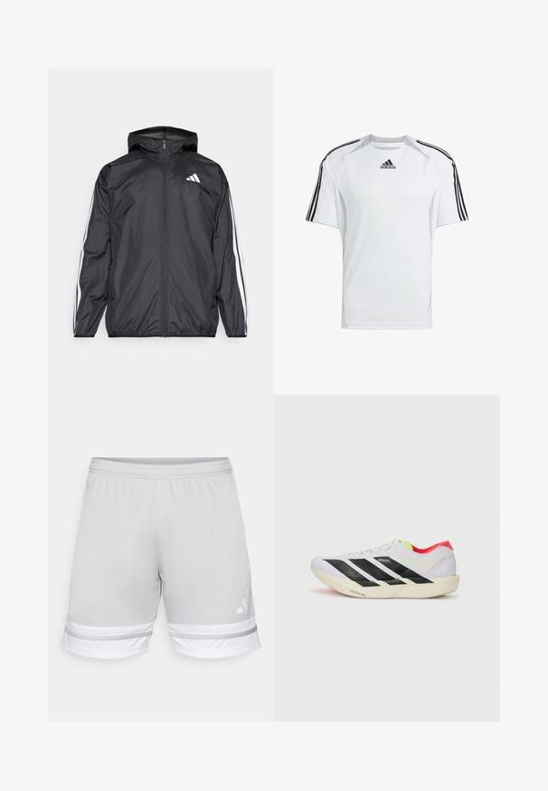 Černá větrovka s kapucí, vyrobená z hladkého, lehkého materiálu. Má bílé pruhy podél rukávů a logo na hrudi.; Bílý krátký sportovní rukáv s černými akcenty tří pruhů Adidas na ramenou, vyrobený z hladké a lehké tkaniny.; Světlé šedé sportovní šortky s elastickým pasem, se vzorem bílých a šedých pruhů na lemu a logem Adidas.; Bílé běžecké boty s černými pruhy, neonově zelenými akcenty a červenou patou. Mají lehký design a texturovanou podrážku pro lepší přilnavost.