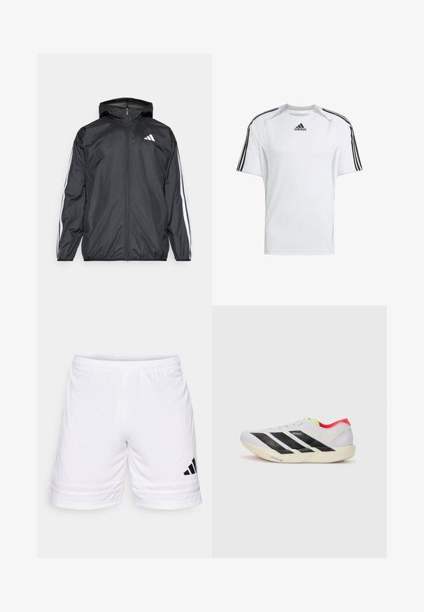 Fekete szélálló dzseki kapucnival, sima, könnyű anyagból. Fehér csíkokkal díszített az ujjak mentén és logóval a mellkason.; Fehér, rövid ujjú sport póló fekete Adidas három csíkkal a vállakon, sima, könnyű szövetből készült.; Fehér sportnadrág elasztikus derékrésszel, fekete háromsávos logóval és texturált anyaggal, térdközép felett vágva.; Fehér futócipő fekete csíkokkal, neon zöld részletekkel és piros sarokkal. Könnyű dizájnnal és texturált talppal rendelkezik a tapadás érdekében.