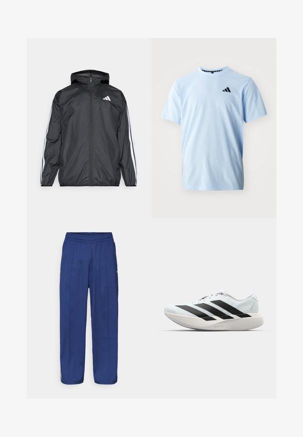 Black windbreaker jacket with a hood, made of smooth, lightweight material. Features white stripes along sleeves and a logo on the chest.; Light blue cotton t-shirt with short sleeves, round neck, and black logo detail on the chest. Smooth texture and relaxed fit.; Navy blue, loose-fitting pants with an elastic waistband, featuring two front pleats and subtle side accents for added detail.; Lightweight running shoes in pale blue with black stripes. Features a smooth upper, round toe, and thick white midsole labeled "LIGHTSTRIKE PRO."
