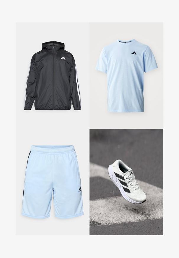 Must hele musta tuulejope, millel on kapuuts ja mis on valmistatud siledast, kergest materjalist. Omab valgeid triipasid varrukatel ja logo rinnal.; Heledsinine puuvillane T-särk lühikeste varrukatega, ümar kaelus ja must logo detail rinnal. Sile tekstuur ja lõdvestunud sobivus.; adidas Performance Spordišortsid - glow blue/black; Valge spordijalats tekstuurse võrgu pealmise osaga, mustade triipudega, nööriga kinnitamine ja pehmendatud tallaga, levib märgitud teepinna kohal.