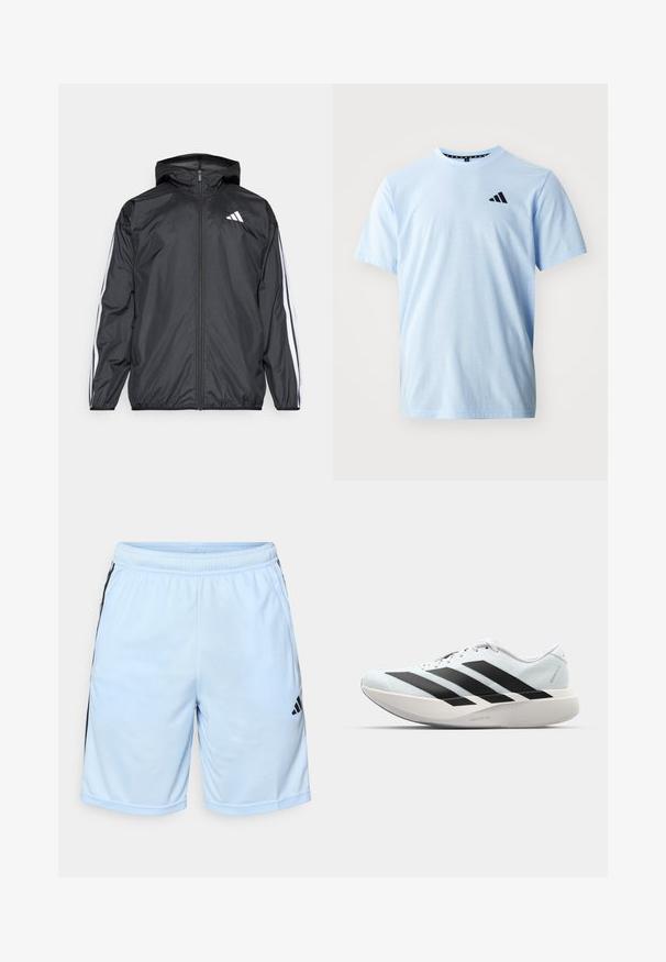 Fekete szélálló dzseki kapucnival, sima, könnyű anyagból. Fehér csíkokkal díszített az ujjak mentén és logóval a mellkason.; Világoskék pamut póló rövid ujjakkal, kerek nyakkal és fekete logóval a mellrészen. Sima textúra és laza szabás.; adidas Performance Sport rövidnadrágok - glow blue/black; Világoskék, fekete csíkos könnyű futószerek. Simább felső résszel, kerek orral és vastag fehér középtalppal, amelyen a "LIGHTSTRIKE PRO" felirat olvasható.