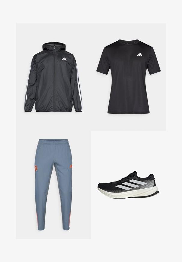 Giacca a vento nera con cappuccio, realizzata in materiale liscio e leggero. Presenta strisce bianche lungo le maniche e un logo sul petto.; Maglietta sportiva nera in tessuto a rete leggero, con maniche corte e logo bianco sull'area sinistra del petto.; Pantaloni sportivi azzurri chiari con vita elastica, caratterizzati da un logo arancione e tre strisce arancioni lungo la gamba esterna.; Scarpa sportiva nera con design in rete, caratterizzata da strisce bianche, punta arrotondata e suola testurizzata per aderenza e supporto.