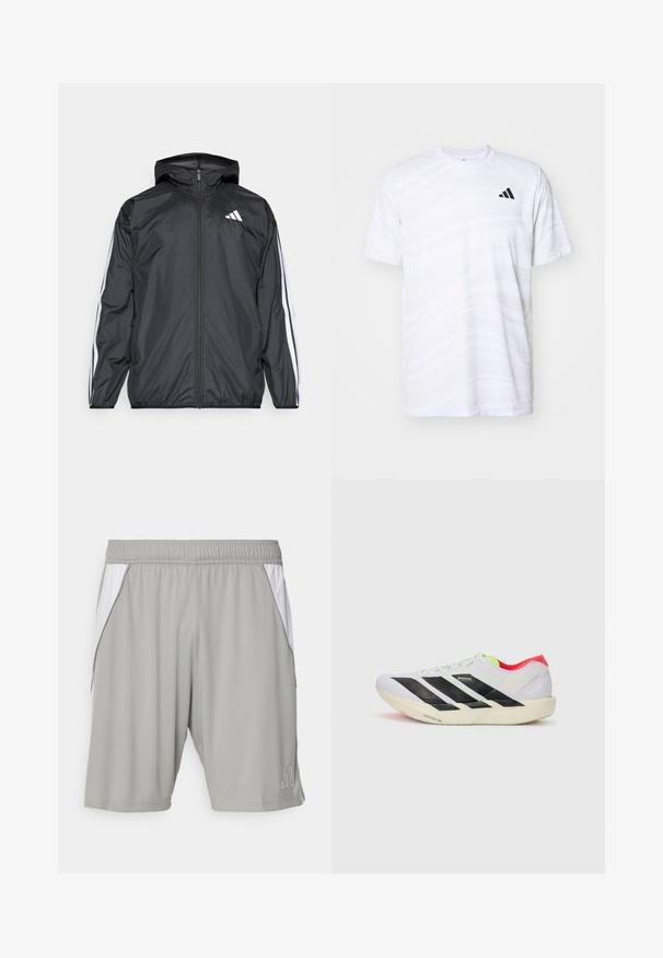 Schwarze Windjacke mit Kapuze, aus glattem, leichtem Material. Hat weiße Streifen entlang der Ärmel und ein Logo auf der Brust.; Weißes sportliches T-Shirt mit subtilen Wellenmustern, Rundhalsausschnitt, kurzen Ärmeln und einem schwarzen Dreistreifen-Logo auf der linken Brust.; Graue Sportshorts aus leichtem Stoff, mit weißen Seitenpanels, einem elastischen Bund und einem kleinen Logo in der unteren Ecke.; Weißer Sportschuh mit schwarzen Streifen, neongrünen Akzenten und einer roten Ferse. Hat ein leichtes Design und eine strukturierte Sohle für besseren Grip.