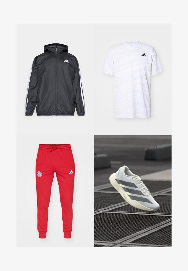 Schwarze Windjacke mit Kapuze, aus glattem, leichtem Material. Hat weiße Streifen entlang der Ärmel und ein Logo auf der Brust.; Weißes sportliches T-Shirt mit subtilen Wellenmustern, Rundhalsausschnitt, kurzen Ärmeln und einem schwarzen Dreistreifen-Logo auf der linken Brust.; Rote Sweatpants aus Baumwollmischung mit einem Kordelzugbund, gerippten Bündchen und einem runden Logo am linken Oberschenkel mit weißen Akzenten.; Weißer Sportschuh mit einer strukturierten Mesh-Oberfläche, grauen Streifen und einer gepolsterten Sohle. Leichtes Design, geeignet zum Laufen.