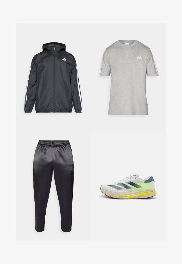 Črna vetrovka s kapuco, izdelana iz gladkega, lahkega materiala. Ima bele črte ob rokavih in logo na prsih.; Siva kratka majica s kratkimi rokavi, narejena iz mešanice bombaža, z okroglo ovratnikom. Ima tri bele črte na vsakem ramenu in majhen logotip.; Črne športne hlače iz gladkega, lahkega materiala z elastičnim pasom. Imajo majhen logotip na levi strani in zožene hlačnice.; adidas Performance ADIZERO SL2 - Tekaški copati za cesto - dash grey/core black/lucid lemon