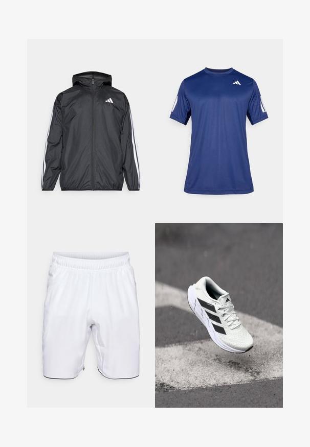 Črna vetrovka s kapuco, izdelana iz gladkega, lahkega materiala. Ima bele črte ob rokavih in logo na prsih.; Mornarsko modra kratka športna majica iz gladkega materiala, s krožnim ovratnikom in belim logotipom na zgornjem levem prsnem delu.; Bela atletska kratka hlače iz lahkega materiala. Imajo elastiko v pasu in stranske žepke, z kontrastnim črnim robom na spodnjem delu.; Bela atletska čevlja z teksturiranim mrežastim zgornjim delom, črnimi črtami, zavezovanjem na vezalke in oblazinjenim podplatom, lebdi nad označeno cesto.