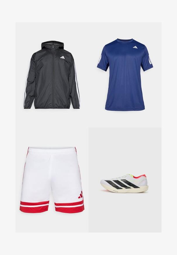 Crna jakna s kapuljačom, izrađena od glatkog, laganog materijala. Sadrži bijele pruge duž rukava i logo na prsima.; Temno plava kratka majica s kratkim rukavima za sport, izrađena od glatkog materijala, sa okruglim izrezom i bijelim logotipom na gornjem lijevom dijelu grudi.; Bijele sportske kratke hlače s crvenim detaljima, s dva horizontalna crvena pruga na rubu, elastičnom strukom i logom u donjem desnom kutu.; Bijela trkačka cipela s crnim prugama, neon zelenim naglascima i crvenim petom. Ima lagani dizajn i teksturiranu potplat za bolji grip.