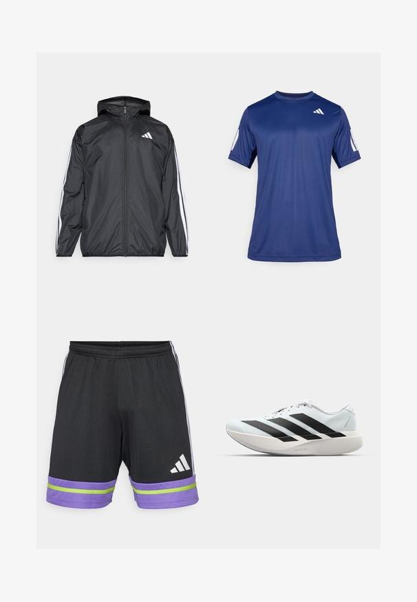 Fekete szélálló dzseki kapucnival, sima, könnyű anyagból. Fehér csíkokkal díszített az ujjak mentén és logóval a mellkason.; Tengerészkék, rövid ujjú, sportos póló sima anyagból, kerek nyakkivágással, a bal felső mellrészen fehér logó részlettel.; Fekete sportnadrág lila és zöld csíkkal az alján, rugalmas derékrésszel és fehér Adidas logóval.; Világoskék, fekete csíkos könnyű futószerek. Simább felső résszel, kerek orral és vastag fehér középtalppal, amelyen a "LIGHTSTRIKE PRO" felirat olvasható.