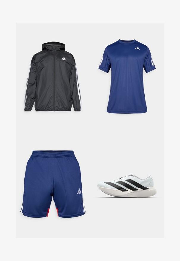 Jachetă neagră de vânt cu glugă, realizată dintr-un material neted și ușor. Prezintă dungi albe pe mâneci și un logo pe piept.; Cămașă sport cu mânecă scurtă de culoare albastră marină, fabricată dintr-un material neted, având guler rotund și un detaliu cu logo alb în partea superioară stângă a pieptului.; Șorturi atletice de culoare albastru închis cu accente albe și roșii, având un elastic extensibil la talie și logo-ul Adidas pe partea inferioară. Textură de material neted.; Pantofi de alergare ușori în albastru deschis cu dungi negre. Au un superior neted, vârf rotund și o intermediară groasă albă etichetată "LIGHTSTRIKE PRO."