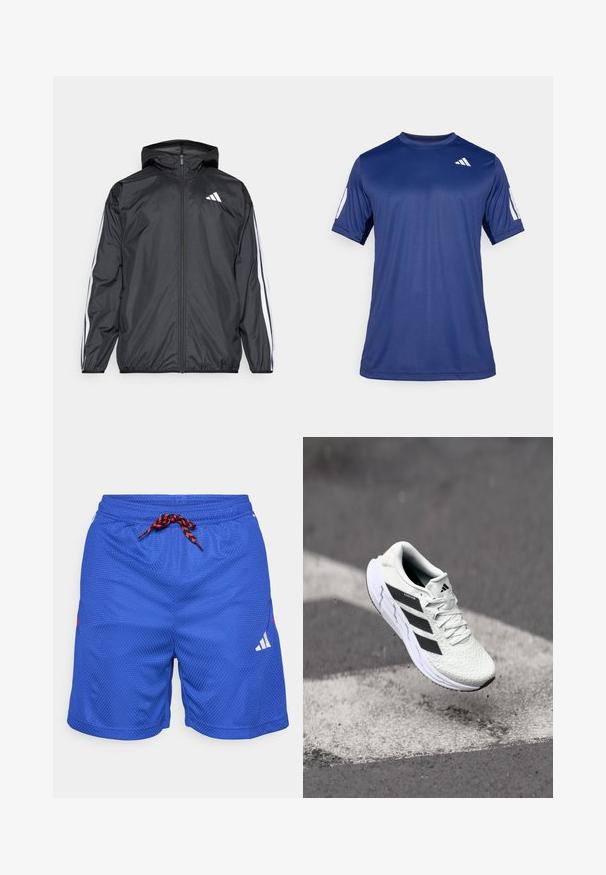 Must hele musta tuulejope, millel on kapuuts ja mis on valmistatud siledast, kergest materjalist. Omab valgeid triipasid varrukatel ja logo rinnal.; Tume sinine lühikeste varrukatega spordisärk, mis on valmistatud siledast kangast, ümmarguse kaelaauguga ja valge logoga vasakul ülemisel rinnaosal.; Sinine spordilik lühikeste pükste tekstuuriga muster, elastne vöökoht, punane ja must pael ning valge logo aktsent vasakul jalal.; Valge spordijalats tekstuurse võrgu pealmise osaga, mustade triipudega, nööriga kinnitamine ja pehmendatud tallaga, levib märgitud teepinna kohal.