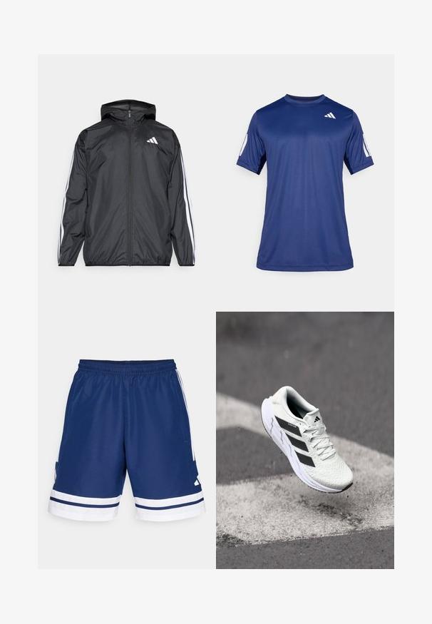 Mustakainen tuulitakki, jossa on huppu, valmistettu sileästä ja kevyestä materiaalista. Tässä takissa on valkoiset raidat hihoissa ja logo rinnassa.; T-paita tummansinisestä lyhythihaisesta urheiluvaatetuksesta, joka on valmistettu sileästä kankaasta. Paitassa on pyöreä pääntie ja valkoinen logo vasemmassa rintakehässä.; Merin urheilu shortsit, joissa on joustava vyötärö, valkoiset yksityiskohdat ja sivutaskut. Vaatteessa on valkoiset raidat helman kohdalla. Polyesterimateriaalia.; Valkoinen urheilujalkine, jossa on teksturoitu verkkomateriaali, mustat raidat, nauhakiinnitys ja pehmustettu pohja, leijuu merkittyjen tienpintojen yllä.