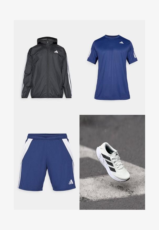 Μαύρο ανοιξιάτικο μπουφάν με κουκούλα, φτιαγμένο από λεία, ελαφριά ύφασμα. Διαθέτει λευκές ρίγες κατά μήκος των μανικιών και λογότυπο στο στήθος.; Ναυτικό μπλε αθλητικό μπλουζάκι κοντού μανικιού φτιαγμένο από λείο ύφασμα, με στρογγυλή λαιμόκοψη και ένα λευκό λογότυπο στο πάνω αριστερό μέρος του στήθους.; Ναυτικές αθλητικές κοντές παντελόνες με λευκές πλαϊνές επιφάνειες, ελαστική μέση και λεπτομέρεια λογότυπου στο κάτω στρίφωμα. Κατασκευασμένες από ελαφρύ, αναπνεύσιμο ύφασμα.; Λευκό αθλητικό παπούτσι με υφαντό επάνω μέρος, μαύρες ρίγες, κλείσιμο με κορδόνια και μαξιλαρωμένη σόλα, που αιωρείται πάνω από μία σημασμένη επιφάνεια δρόμου.
