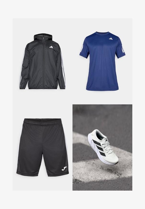 Black windbreaker jacket with a hood, made of smooth, lightweight material. Features white stripes along sleeves and a logo on the chest.; Navy blue short-sleeve athletic shirt made of smooth fabric, featuring a crew neck and a white logo detail on the upper left chest.; Black athletic shorts with a smooth texture, featuring white side stripes and a logo on the lower hem. Elastic waistband for comfort.; White athletic shoe with textured mesh upper, black stripes, lace closure, and a cushioned sole, levitating above a marked road surface.