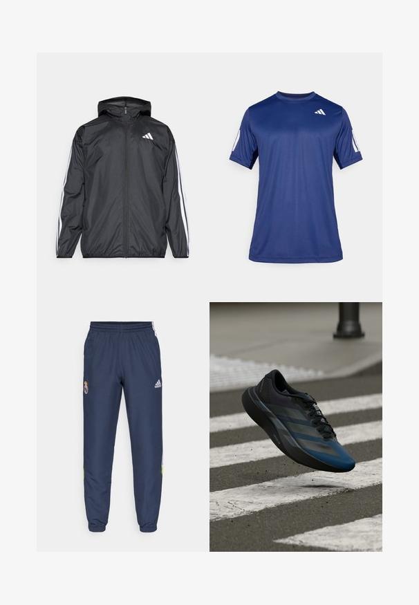 Černá větrovka s kapucí, vyrobená z hladkého, lehkého materiálu. Má bílé pruhy podél rukávů a logo na hrudi.; Námořnicky modré sportovní tričko s krátkým rukávem z hladké tkaniny, s kulatým výstřihem a bílým logem na levém horním prsu.; Námořnické sportovní kalhoty s elastickým pasem, bočními pruhy v bílé a limetkové barvě a vyšitým logem Real Madrid na levém stehně.; Černá a modrá sportovní obuv s aerodynamickým designem, s texturovaným svrškem, kontrastními pruhy a polstrovanou podešví, visící nad chodníkem.