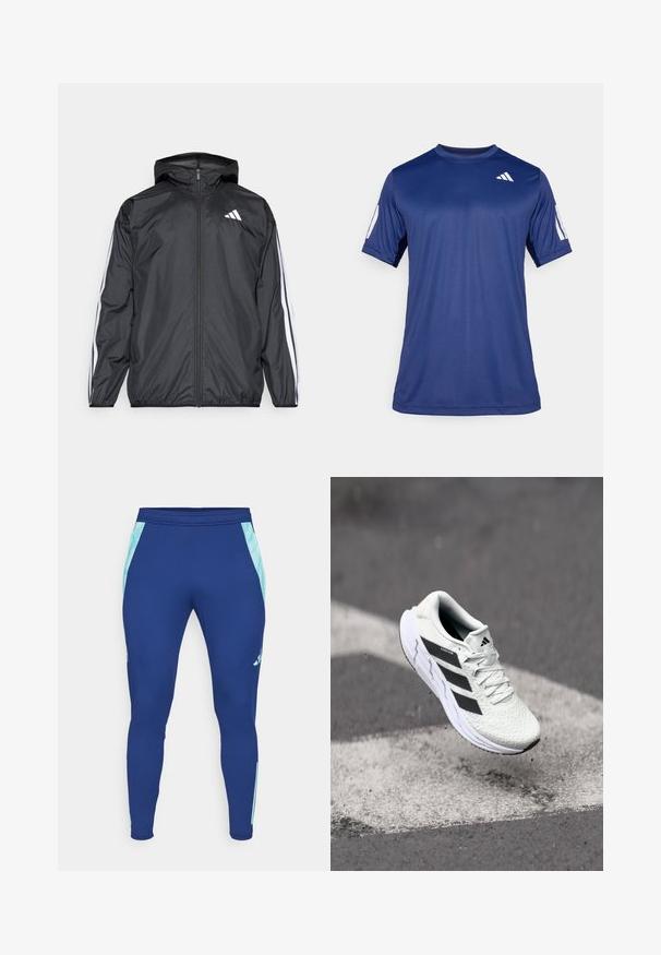 Chaqueta cortavientos negra con capucha, hecha de un material suave y ligero. Presenta rayas blancas a lo largo de las mangas y un logo en el pecho.; Camisa atlética de manga corta en azul marino, fabricada con un tejido suave, que presenta un cuello redondo y un detalle de logo blanco en la parte superior izquierda del pecho.; Leggings deportivos de color azul marino, hechos de un material elástico, con paneles laterales de color azul claro y un diseño ajustado con un puño estrecho en el tobillo.; Zapatilla deportiva blanca con parte superior de malla texturizada, rayas negras, cierre de cordones y suela acolchada, levitando sobre una superficie de carretera marcada.