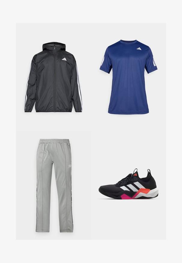 Μαύρο ανοιξιάτικο μπουφάν με κουκούλα, φτιαγμένο από λεία, ελαφριά ύφασμα. Διαθέτει λευκές ρίγες κατά μήκος των μανικιών και λογότυπο στο στήθος.; Ναυτικό μπλε αθλητικό μπλουζάκι κοντού μανικιού φτιαγμένο από λείο ύφασμα, με στρογγυλή λαιμόκοψη και ένα λευκό λογότυπο στο πάνω αριστερό μέρος του στήθους.; Ανοιχτό γκρι αθλητικές παντελόνες Umbro με ελαστική μέση και μαύρες-λευκές ρίγες στο πλάι, εμφανιζόμενες σε λευκό φόντο.; Μαύρο αθλητικό παπούτσι με λευκές ρίγες, υφασμάτινη επιφάνεια με υφή και χοντρή σόλα με πορτοκαλί, ροζ και λευκές λεπτομέρειες. Σχέδιο με κορδόνια και λαβή.