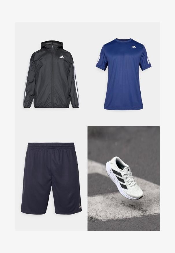 Must hele musta tuulejope, millel on kapuuts ja mis on valmistatud siledast, kergest materjalist. Omab valgeid triipasid varrukatel ja logo rinnal.; Tume sinine lühikeste varrukatega spordisärk, mis on valmistatud siledast kangast, ümmarguse kaelaauguga ja valge logoga vasakul ülemisel rinnaosal.; Sinise värvi spordilühiessärk, mis on valmistatud õhku läbilaskevast kangast, elastsest vöökohtast ja siledast tekstuurist, külgedel väikese logo detailiga.; Valge spordijalats tekstuurse võrgu pealmise osaga, mustade triipudega, nööriga kinnitamine ja pehmendatud tallaga, levib märgitud teepinna kohal.