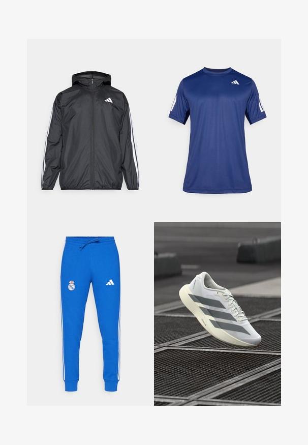 Czarna kurtka typu windbreaker z kapturem, wykonana z gładkiego, lekkiego materiału. Posiada białe paski wzdłuż rękawów oraz logo na piersi.; Granatowa koszulka sportowa z krótkim rękawem, wykonana z gładkiego materiału, z okrągłym dekoltem i białym logo na lewej górnej stronie klatki piersiowej.; Niebieskie dresy z bawełny z białymi paskami po bokach, elastycznym pasem i sznurkiem. Zawierają logo Real Madryt na lewym udzie.; Biały sportowy but z teksturowaną siateczkową cholewką, z szarymi paskami i amortyzowaną podeszwą. Lekka konstrukcja odpowiednia do biegania.