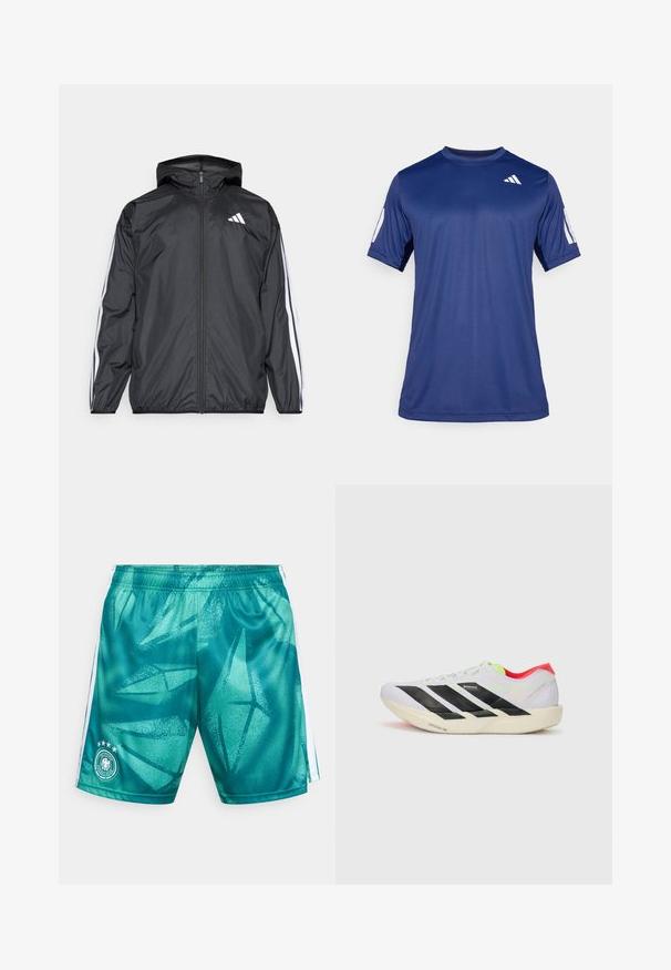 Črna vetrovka s kapuco, izdelana iz gladkega, lahkega materiala. Ima bele črte ob rokavih in logo na prsih.; Mornarsko modra kratka športna majica iz gladkega materiala, s krožnim ovratnikom in belim logotipom na zgornjem levem prsnem delu.; Kratke hlače v modro-zeleni barvi z teksturiranim, abstraktnim vzorcem. Imajo bele bočne proge in logotip s štirimi zvezdami na levi nogi.; Bela športna obutev z črnimi črtami, neonsko zelenimi poudarki in rdečo peto. Ima lahko zasnovo in teksturiran podplat za dober oprijem.