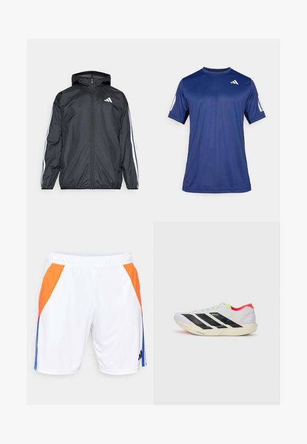 Mustakainen tuulitakki, jossa on huppu, valmistettu sileästä ja kevyestä materiaalista. Tässä takissa on valkoiset raidat hihoissa ja logo rinnassa.; T-paita tummansinisestä lyhythihaisesta urheiluvaatetuksesta, joka on valmistettu sileästä kankaasta. Paitassa on pyöreä pääntie ja valkoinen logo vasemmassa rintakehässä.; adidas Performance TIRO24 TRAINING SHORT - Urheilushortsit - white/lucid blue/app solar red; Valkoinen juoksukenkä, jossa on mustat raidat, neonvihreät yksityiskohdat ja punainen kanta. Ominaisuuksiin kuuluu kevyt muotoilu ja teksturoitu pohja pidon takaamiseksi.