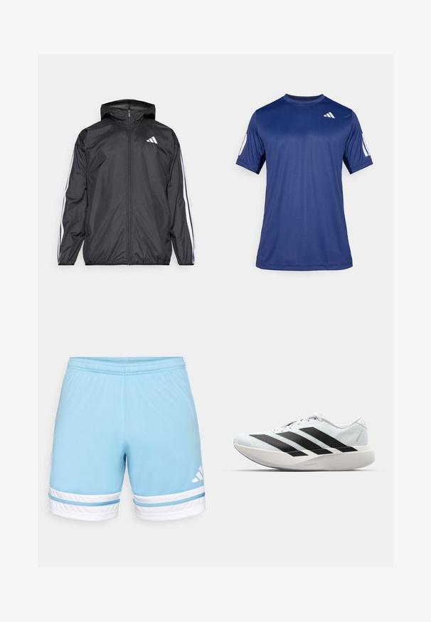 Casaco corta-vento preto com capuz, feito de material liso e leve. Apresenta riscas brancas ao longo das mangas e um logótipo no peito.; Camisola atlética de manga curta azul marinho, feita de tecido suave, com decote redondo e um detalhe do logótipo branco na parte superior esquerda do peito.; Calções atléticos azul claro com um cós elástico, apresentando riscas e detalhes brancos. Logotipo da Adidas em branco no lado esquerdo.; Tênis de corrida leves em azul pálido com riscas pretas. Apresentam um cabedal liso, bico redondo e uma entressola espessa branca rotulada como "LIGHTSTRIKE PRO."