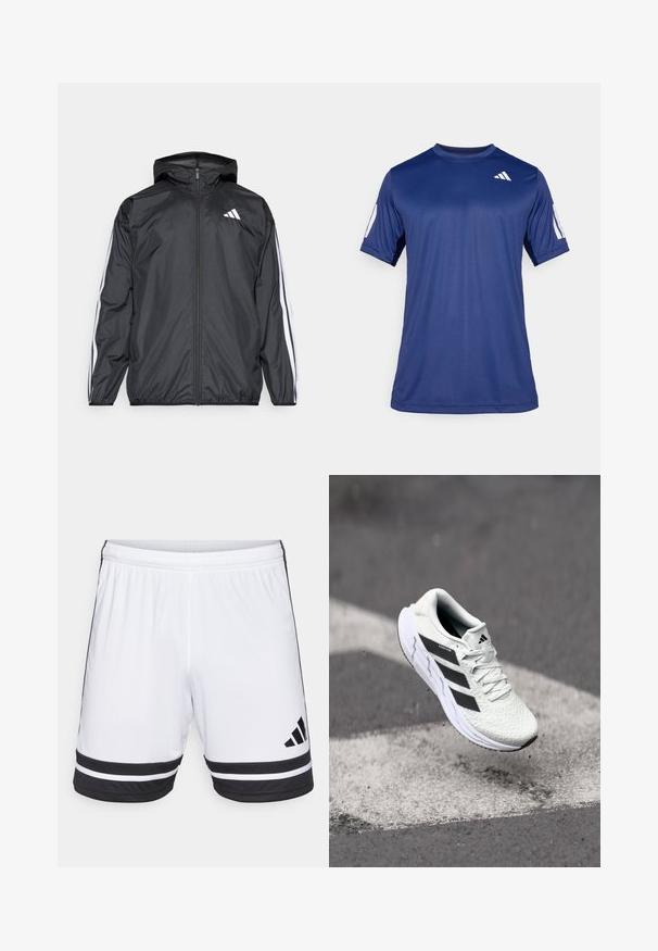 Must hele musta tuulejope, millel on kapuuts ja mis on valmistatud siledast, kergest materjalist. Omab valgeid triipasid varrukatel ja logo rinnal.; Tume sinine lühikeste varrukatega spordisärk, mis on valmistatud siledast kangast, ümmarguse kaelaauguga ja valge logoga vasakul ülemisel rinnaosal.; Valged sportlikud lühikesed püksid mustade horisontaalsete triipudega allservas ja musta Adidas'i logoga. Elastne vöökoht, mis võimaldab reguleerida sobivust.; Valge spordijalats tekstuurse võrgu pealmise osaga, mustade triipudega, nööriga kinnitamine ja pehmendatud tallaga, levib märgitud teepinna kohal.
