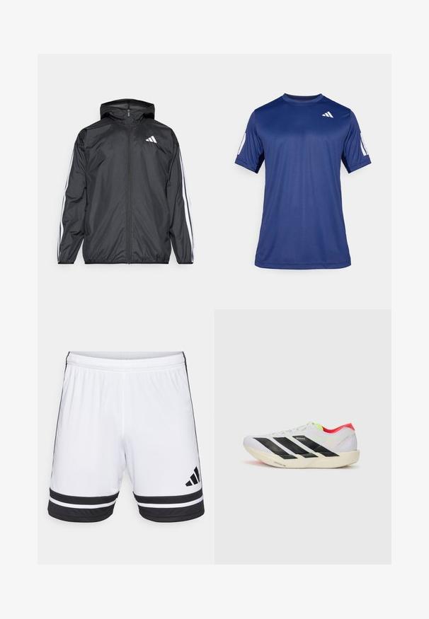 Fekete szélálló dzseki kapucnival, sima, könnyű anyagból. Fehér csíkokkal díszített az ujjak mentén és logóval a mellkason.; Tengerészkék, rövid ujjú, sportos póló sima anyagból, kerek nyakkivágással, a bal felső mellrészen fehér logó részlettel.; Fehér sport nadrág fekete vízszintes csíkokkal az alján és fekete Adidas logóval. Rugalmas derékrész az állítható illeszkedés érdekében.; Fehér futócipő fekete csíkokkal, neon zöld részletekkel és piros sarokkal. Könnyű dizájnnal és texturált talppal rendelkezik a tapadás érdekében.