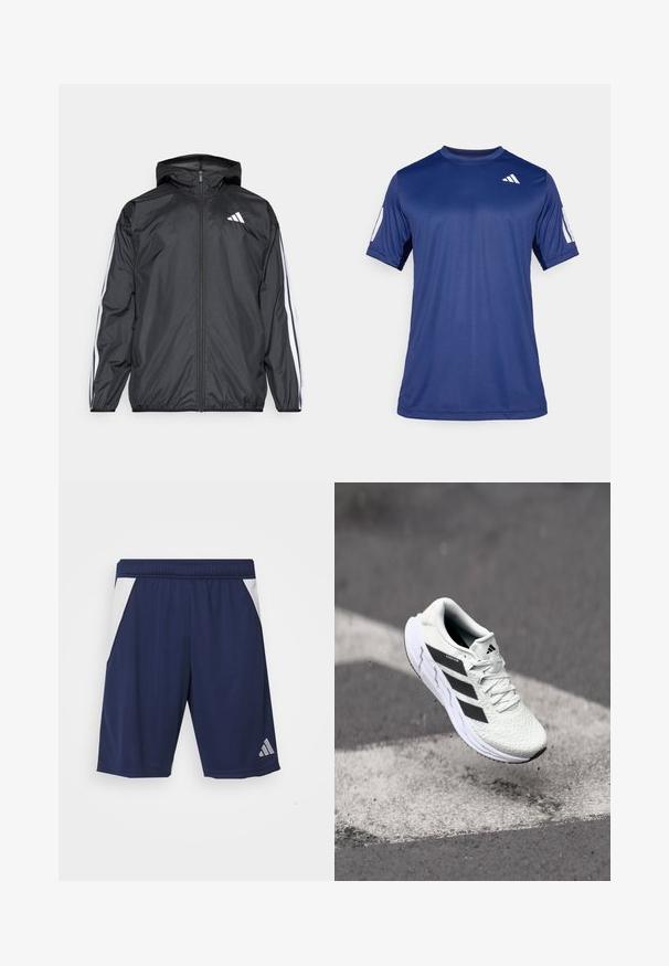Mustakainen tuulitakki, jossa on huppu, valmistettu sileästä ja kevyestä materiaalista. Tässä takissa on valkoiset raidat hihoissa ja logo rinnassa.; T-paita tummansinisestä lyhythihaisesta urheiluvaatetuksesta, joka on valmistettu sileästä kankaasta. Paitassa on pyöreä pääntie ja valkoinen logo vasemmassa rintakehässä.; Navy urheilushortsit, jotka on valmistettu sileästä kankaasta. Sisältää valkoiset sivuakkentit ja joustavan vyötärön. Vasemmassa lahkeessa on hopeinen logo.; Valkoinen urheilujalkine, jossa on teksturoitu verkkomateriaali, mustat raidat, nauhakiinnitys ja pehmustettu pohja, leijuu merkittyjen tienpintojen yllä.