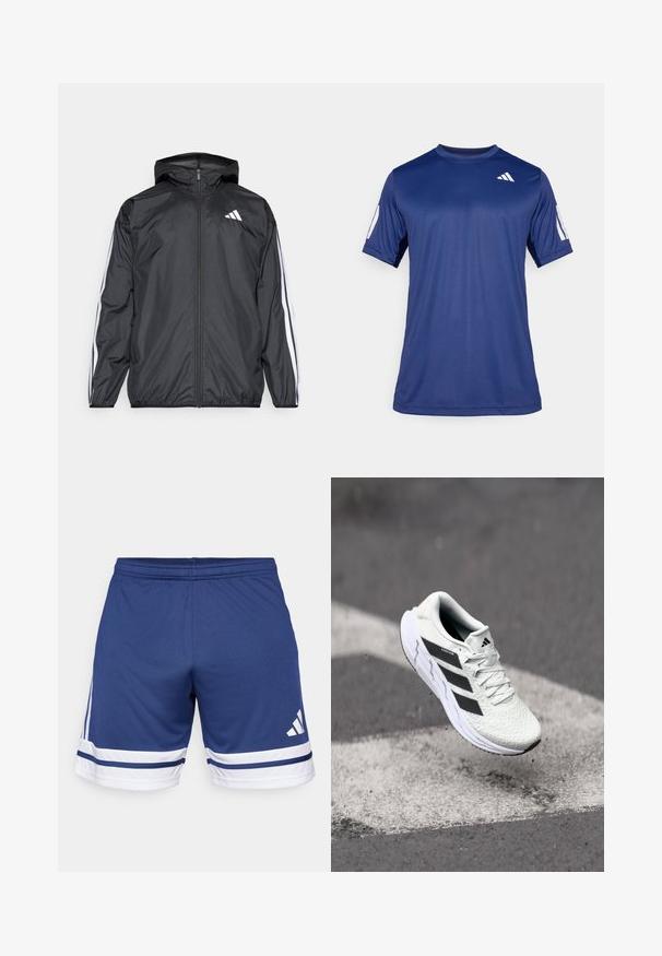 Crna jakna s kapuljačom, izrađena od glatkog, laganog materijala. Sadrži bijele pruge duž rukava i logo na prsima.; Temno plava kratka majica s kratkim rukavima za sport, izrađena od glatkog materijala, sa okruglim izrezom i bijelim logotipom na gornjem lijevom dijelu grudi.; Tamnoplave sportske kratke hlače izrađene od laganog materijala s bijelim i plavim prugastim detaljima na rubu i elastičnom pojasu.; Bjela atletska cipela s mrežastim gornjim dijelom s teksturom, crnim prugama, vezanjem na vezice i podstavljenim potplatom, lebdi iznad označene ceste.