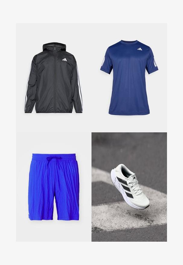 Schwarze Windjacke mit Kapuze, aus glattem, leichtem Material. Hat weiße Streifen entlang der Ärmel und ein Logo auf der Brust.; Marineblaue kurzärmelige Sportshirt aus glattem Material, mit Rundhalsausschnitt und einem weißen Logodetail auf der oberen linken Brust.; Blaue Sportshorts mit einem strukturierten Design und einem Rautenmuster, einem elastischen Bund und einem Zugband für eine verstellbare Passform.; Weiße Sportschuh mit strukturiertem Mesh-Obermaterial, schwarzen Streifen, Schnürverschluss und gepolstertem Sohlen, schwebt über einer markierten Straßenoberfläche.