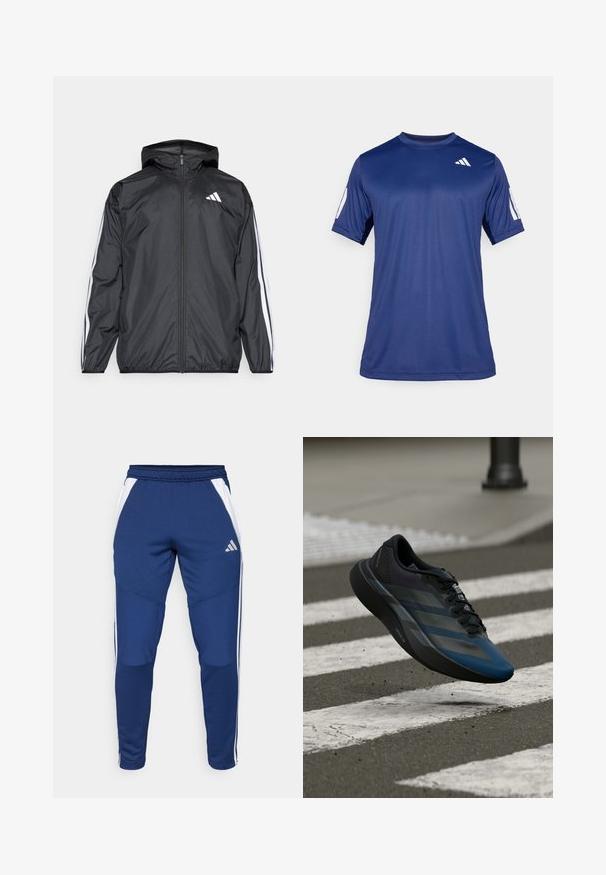 Must hele musta tuulejope, millel on kapuuts ja mis on valmistatud siledast, kergest materjalist. Omab valgeid triipasid varrukatel ja logo rinnal.; Tume sinine lühikeste varrukatega spordisärk, mis on valmistatud siledast kangast, ümmarguse kaelaauguga ja valge logoga vasakul ülemisel rinnaosal.; Tumed sapphiire värvi spordipüksid valgete külgrööbastega, pehmest kangast, kitseneva lõike ja mugava elastse vöökohaga.; Must ja sinine spordijalats voolava disainiga, millel on tekstureeritud üliskihiga, kontrastsed triibud ja pehme tallaga, hõljumas asfaldipinna kohal.