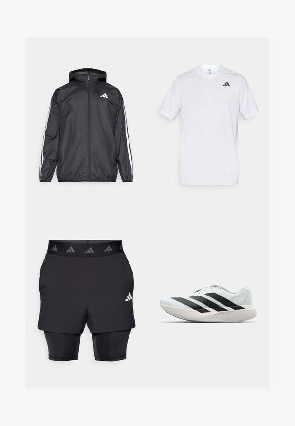 Must hele musta tuulejope, millel on kapuuts ja mis on valmistatud siledast, kergest materjalist. Omab valgeid triipasid varrukatel ja logo rinnal.; Valge lühikeste varrukatega T-särk, millel on peen teemantmuster, valmistatud kerge kangaga, musta adidasi logoga rinnal.; Mustad mustad lühikesed püksid sisemise kihiga. Tekstuuriga kangas välispükstel, mustriga elastne vöökoht ja logo aksent.; Kerged jooksujalatsid helesinises värvuses mustade triipudega. Omavad siledat pealispinda, ümarat varvase osa ja paksu valget vahemõõtu, millel on silt "LIGHTSTRIKE PRO".